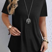 Resim Kadınlar İçin Plus Beden Siyah Yuvarlak Yaka Kısa Kollu Tişört - Orta Doğu Esintili Casual Üst, Makinede Yıkanabilir Her Mevsim Rahat Kesim, Çok Yönlü Moda, Dekoratif Pendant Detaylı Şık T-Shirt 
