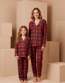 Resim rindahomewear Anne-Kız Kırmızı Ekose Desenli Örme Düğmeli Uzun Kollu Pijama Takımı 