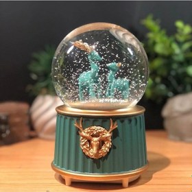 Resim Pilli Işıklı Müzikli Kar Küresi-iki Geyikli Yeşil Figürlü Biblo, Led Aydınlatmalı Kar Küresi 