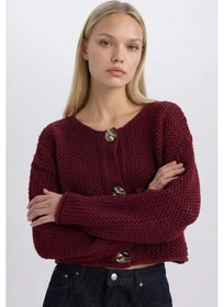 Resim Defacto Relax Fit Bisiklet Yaka Düğmeli Örgü Desenli Triko Hırka E1962AX24WNBR43 Bordo 