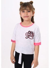 Resim Toontoy Kids Toontoy Kız Çocuk Önü Bağlama Detaylı Baskılı Tişört Gri Melanj 
