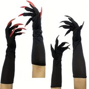 Resim Çift Halloween Komik Pençe Eldiven - Kırmızı Detaylı Uzun Tırnak Tasarımı, Esnek Bölmeli Parmak Eldivenler Cosplay, Kostüm Partileri ve Ürkütücü Performanslar İçin - Siyah Moda Temalı Korku Aksesuarları, Korkutucu Estetik 