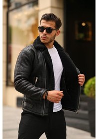 Resim Mero Life Napa Deri İçi Full Kürklü Yüksek Kalite Slim Fit Erkek Mont - Siyah 