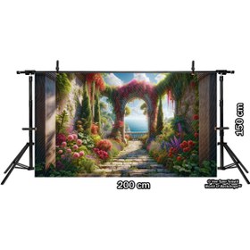 Resim Venspor Bahçe Manzaralı Deniz Görünümlü Çiçekli Arkaplan 200x150cm Fon Duvar Örtüsü 