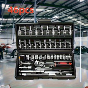 Resim 216/46 Parça Mekanik Soket Takımı, 1/2" 1/4" 3/8" SAE ve Metrik Boyutlar, 72 Dişli Mandrenli Anahtar Seti - Otomotiv, Ev, Garaj, Bisiklet Bagajı İçin 