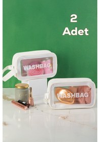 Resim Porsima 3140-1 2li Şeffaf - Beyaz Seyahat Ve Makyaj Çantası Su Geçirmez Organizer Washbag 21x13cm 
