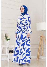 Resim Sevitli Geometrik Desenli Elbise-beyaz-3895 Beyaz 