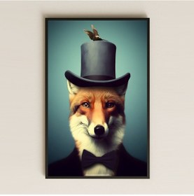 Resim Şapkalı Papyonlu Tilki Portresi Dijital Sanat Pleksi Tablo 