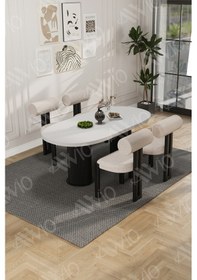 Resim Avvio Cydney Serisi Bohem Ayak 4'lü Metal Pofi Demonte Sandalye 80x140 Masa Sandalye Takımı Beyaz Masa Sandalye Siyah Kumaş Krem 