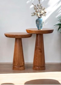 Resim AYLESA Ahşap 2’li Set Mantar Yan Sehpa Modern Açık Ceviz Fiskos Zigon Çiçeklik 