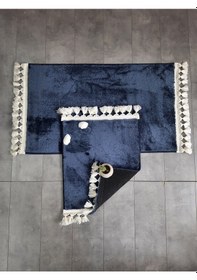 Resim Elite Gri Ponpon Saçaklı Peluş 2'li Banyo Paspası Halısı Kaymaz Lacivert 