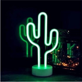 Resim Yeşil Neon Işıklı Kaktüs Masa Gece Lambası + USB + Pil 