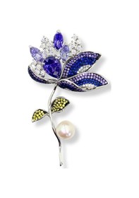 Resim Oya Silver İri Ametist Safir Zirkon Taşlı İnci Detaylı Gümüş Çiçek Broş Yaka İğnesi 7x4.2cm F74206mq517 Lacivert 