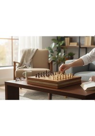 Resim El Yapımı Lüks Nakış İşlemeli Doğal Ahşap Sandıklı Premium Satranç Takımı 45x45 Cm. Hediyelik Set 1 