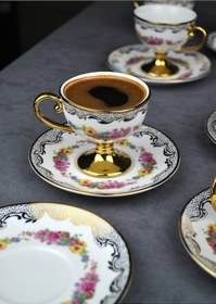 Resim 2 Kişilik Porselen Pembe Çiçekli Vintage Gold Ayaklı Kahve Fincan Takımı 90 Ml 