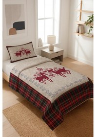 Resim Yılbaşı Temalı Kadife Kumaş Kapitoneli Tek Kişilik Yatak Örtüsü Seti 2 Parça Tky0046 Çok Renkli 