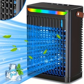 Resim Taşınabilir Klima Mobil 5-in-1 Mini Fan, Emme Soğutucu ve Nemlendirici, 3 Hızlı Fan, Kişisel Soğutma, Ayarlanabilir Döner Fan, Zamanlayıcı ve 7 LED Işık, Ev Ofisi için Uygun - Beyaz/Siyah 