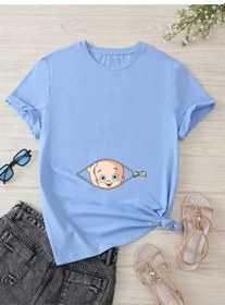 Resim Hamile Gebe T-shirt Bebek Fermuar Baskılı - Bebe Mavisi Bisiklet Yaka Oversize Tişört 