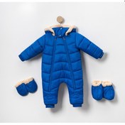 Resim Tek Renk Şerit Ve Bombeli Desenli Pati Detaylı, Kapüşonlu Ve Eldivenli Çocuk Kozmonot Mont Mavi 