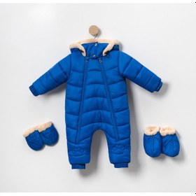 Resim Tek Renk Şerit Ve Bombeli Desenli Pati Detaylı, Kapüşonlu Ve Eldivenli Çocuk Kozmonot Mont Mavi 