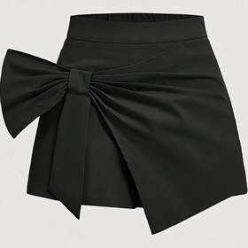 Resim Ön kemerli şık siyah şortlar - Zarif polyester, esnek, düz renk, ilkbahar/yaz/sonbahar için mükemmel, günlük ve her gün giyilebilir, her gün şortları|Zarif kemer detaylı|Polietilen kumaş 