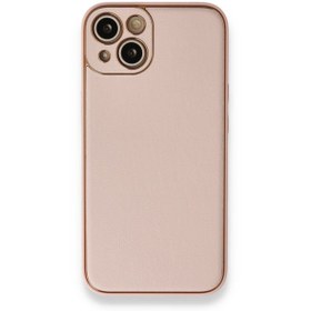Resim Iphone 13 Uyumlu Pembe Kamera Lens Korumalı Gold Çizgili Deri Dokulu Silikon Kılıf 