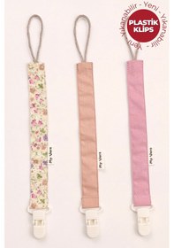 Resim Bahar Çiçek Desenli Vizon - Vizon - Gül Kurusu - Plastik Klipsli Emzik Askısı Seti - 3'lü Emzik Zinciri Seti 