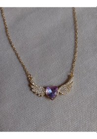 Resim 14 Ayar Altın Kaplama Kalp Taşlı Melek Kanadı Kolye 