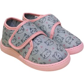 Resim KU&PA SHOES Pas Gri Kedi Baskılı Kids Çocuk Unisex Panduf Ayakkabı Cırtlı Kaydırmaz Taban Ev Patiği KP-2005 