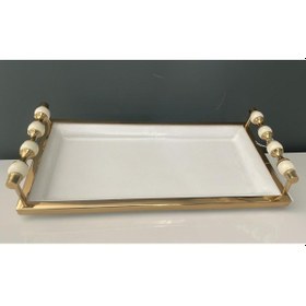 Resim Lamedor Kulplu Beyaz Gold Küçük Dikdörtgen Tepsi 18 36 8 Cm 