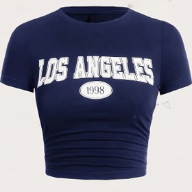 Resim Mektup Baskılı Crop Yaka T-shirt, Y2K Kısa Kollu Üst Bahar & Yaz İçin, Kadın Giyim 