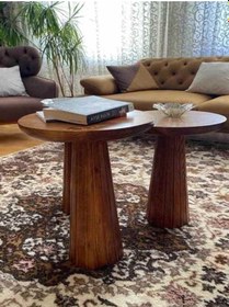 Resim Ahşap Mantar Sehpa 3 Lü Set Açık Ceviz Masif Doğal Fiskos Sehpa Ve Zigon Takımı - Çiçeklik - Wood Açık Ceviz 