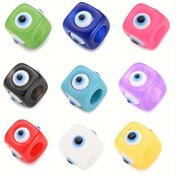 Resim 5 adet Nazar Boncuğu Reçine Zar Boncuk, 12x14mm Kare Büyük Delik Aralayıcı Boncuk, Geometrik Desenli Dekoratif Boncuk, Kaplamasız, Takı Yapımı, Bileklikler, Anahtarlıklar, Telefon Zincirleri için 