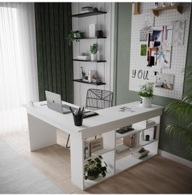 Resim Robin Home Boston Kitaplık Raflı L Ofis Çalışma Masası Ve Keson Etajer 3 Çekmeceli Barok-antrasit Beyaz 