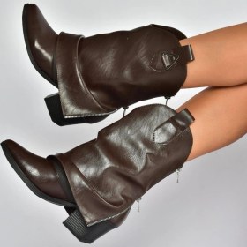 Resim V973601009 Kahverengi Kalın Topuklu Western Kovboy Kadın Bot Kahverengi-suni Deri 