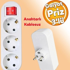 Resim Badem10 Golyat Anahtarlı Düğmeli 3'lü Grup Priz Fiş Priz Topraklı Çoklu Çoğaltıcı Kablosuz 