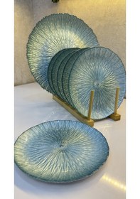 Resim Mavi Dokulu Cam Pasta Tabağı 7 Lı Set Gold Detaylı Sofra Sunum Tabakları 21 Cm Çok Renkli 