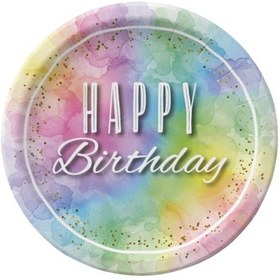 Resim Makaron Happy Birthday Baskılı Karton Tabak 23 Cm 8 Adet 