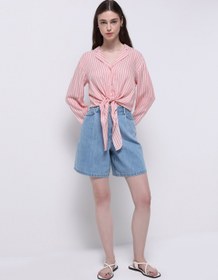 Resim Loose Fit Yüksek Bel Düz Kadın Light İndigo Cepli Denim Jean Şort Colin's