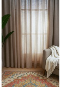 Resim Keten İçeren Tül Perde Doğal Natural Ütü İstemez Salon Oturma Odası Yatak Odası Antre Kahverengi 