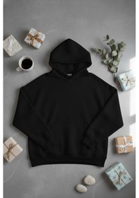 Resim Unisex Siyah Kapüşonlu Sweat Rahat Kalıp 3 İplik Kumaş Siyah 