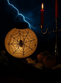 Resim Halloween Cadılar Bayramı Japon Feneri Pilli 20 Cm Beyaz Örümcek Desenli Korku Aksesuarı Diğer 