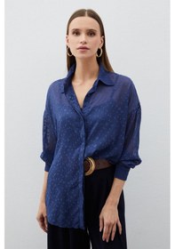 Resim Sateen Desenli Uzun Gömlek - Lacivert 