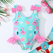 Resim Yeni Yaz Flamingo Baskılı Yuvarlak Yaka Kapüşonlu Üç Boyutlu Fiyo Taze Açık Yeşil Bebek Bikini Tek Parça Mayo Kızlar için 