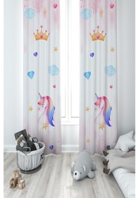Resim Mekta Home Bebek Ve Çocuk Odası Unicorn Ve Elmas Desenli 2 Kanat Fon Perde 