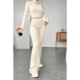 Resim SHC4200 Kadın Ekru Çizgili Boğazlı Crop Top ve Yüksek Bel Eşofman Takımı Spor Şık Kombin 