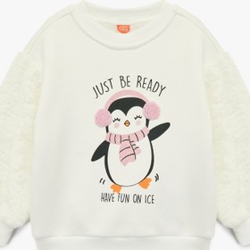 Resim Kız Bebek Penguen Baskılı Uzun Kollu Bisiklet Yaka Pamuklu Şardonlu Sweatshirt 