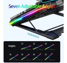 Resim Cool Cold Gaming Notebook Soğutucu Kırmızı LED Telefon Tutuculu 5 Fanlı Rgb Işıklı Yükseklik ve Fan Hız Ayarlı 