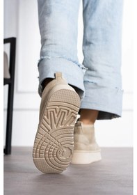 Resim Günlük Kadın Bot Kalın Yüksek Taban Bağcıklı Kürklü Astarlı Oval Burunlu Rahat Bootie U15 Bej 