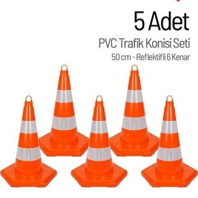 Resim 5 Adet Pvc Trafik Konisi 50 Cm Reflektifli 6 Kenar Trafik Dubası Seti-3550 